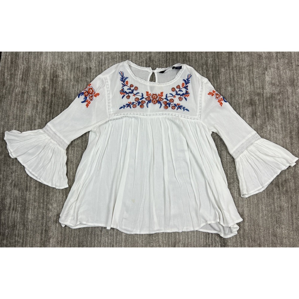 Life Style Blouse Womens PM White Floral Embroidered Bell Sleeve Boho Top